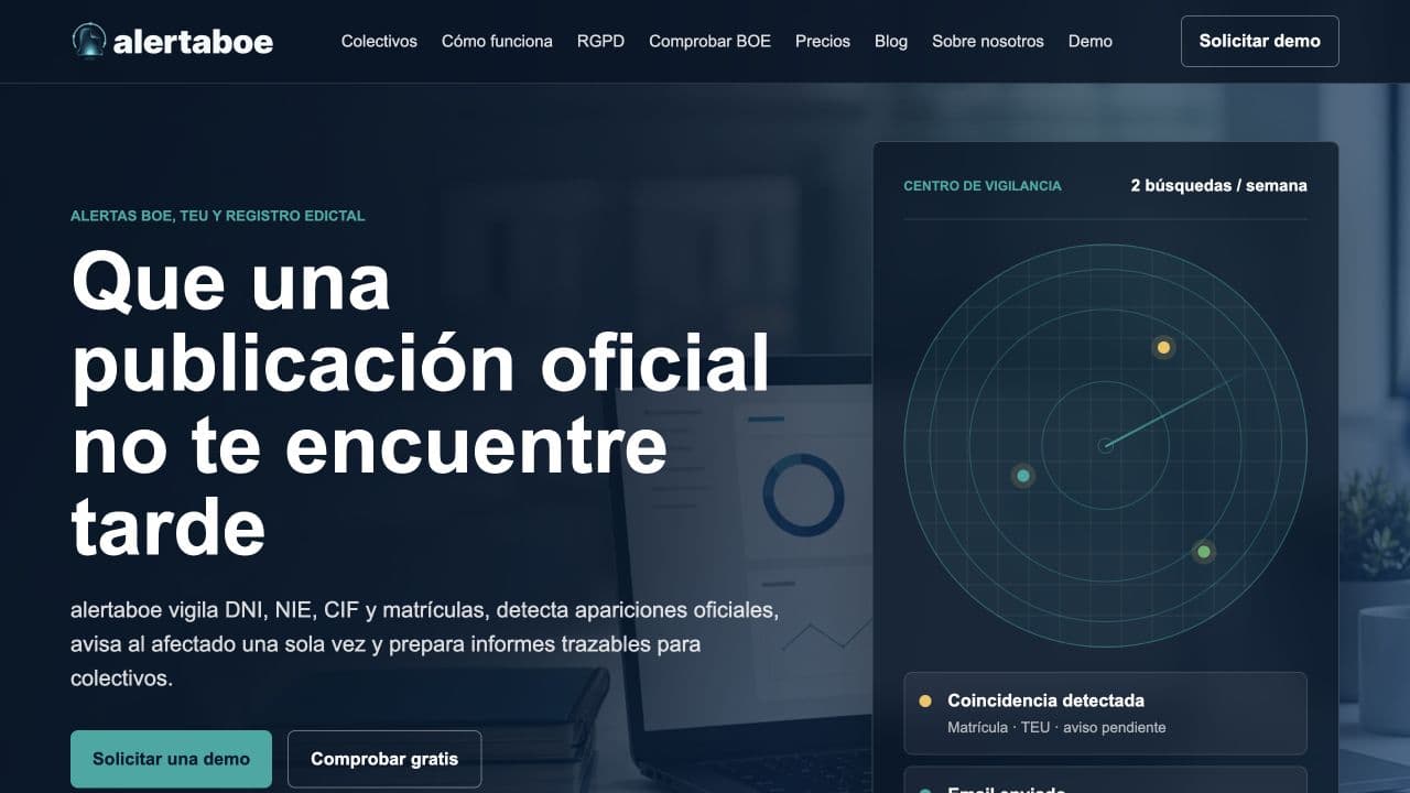 Captura real de la página de inicio de Alerta BOE