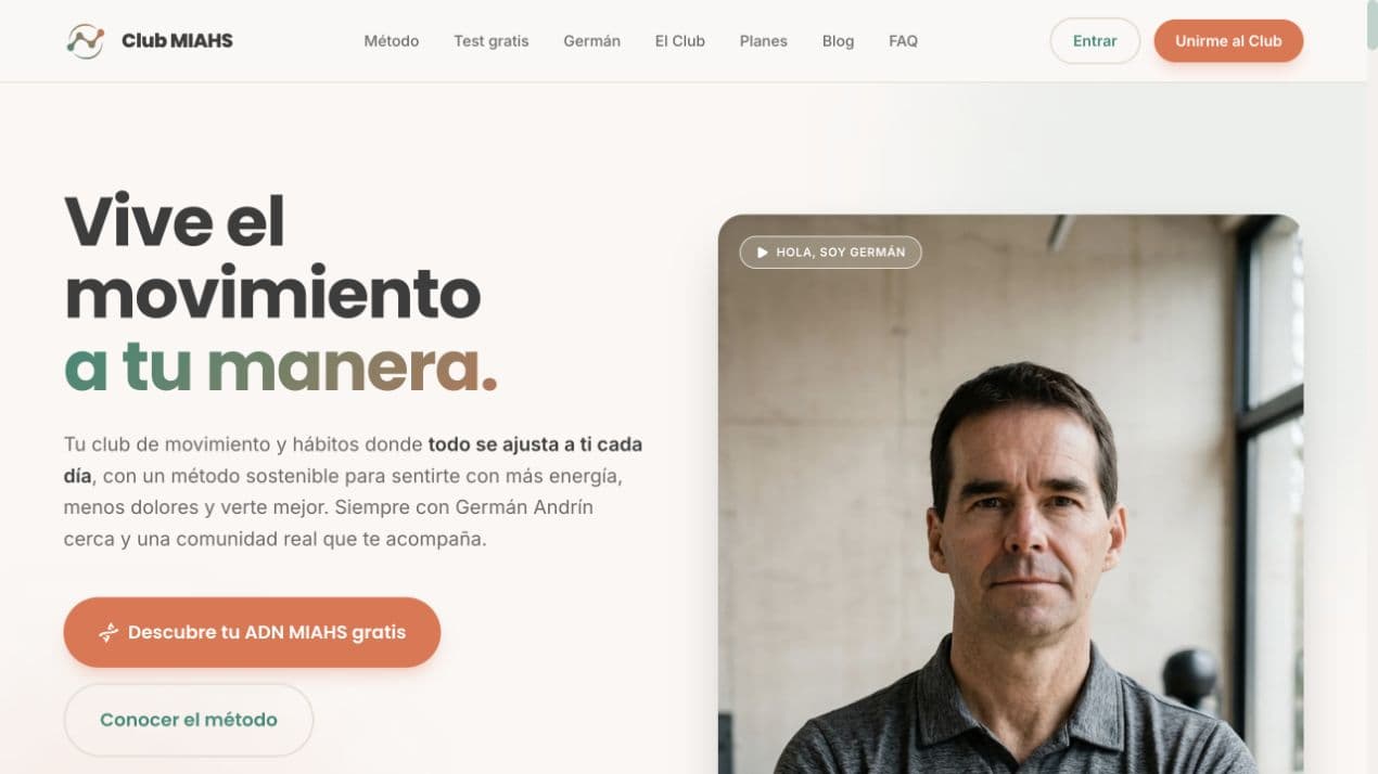 Captura real de la página de inicio de Club MIAHS